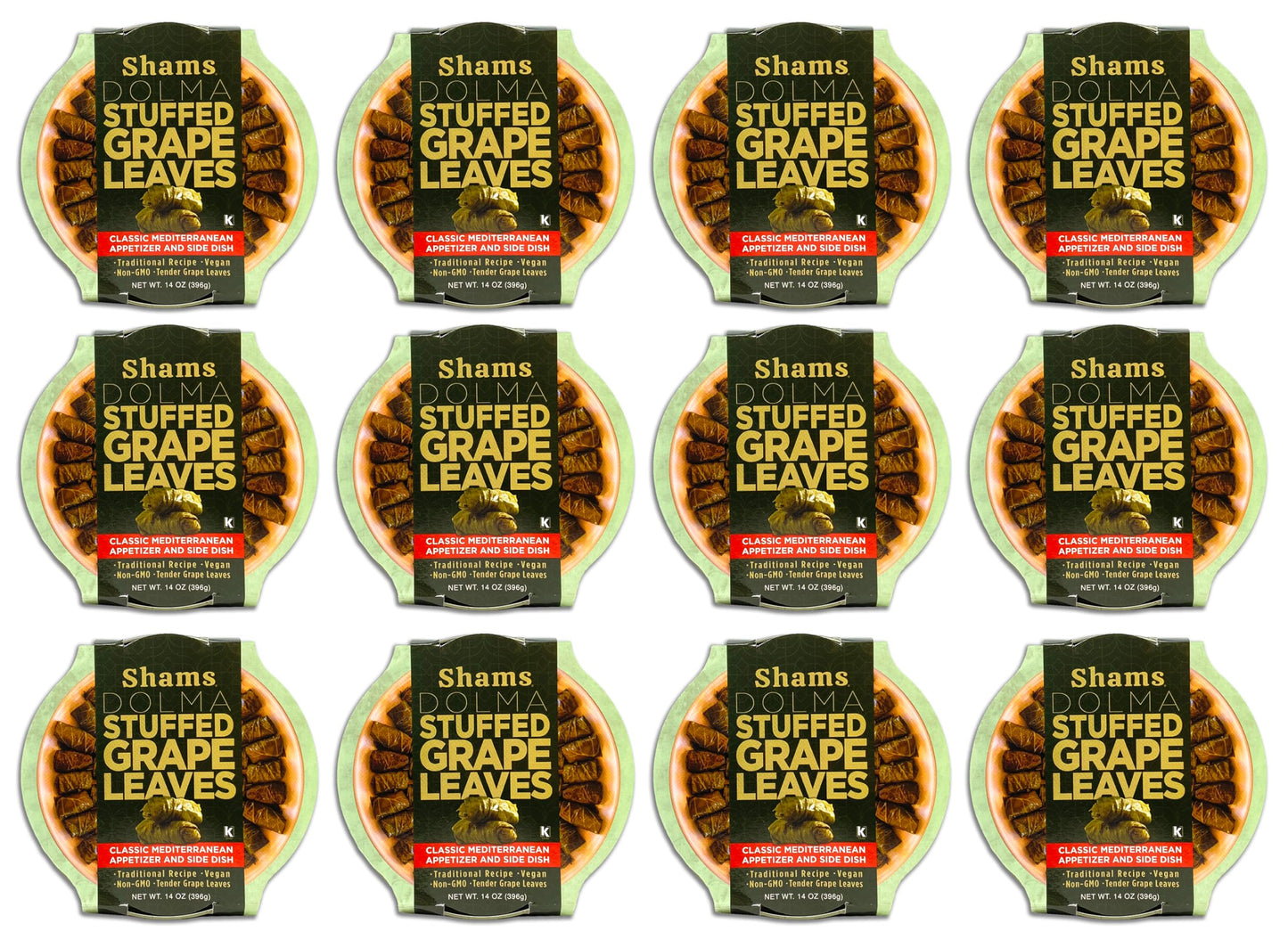 Shams Dolma Stuffed Grape Leaves, Vegan and Kosher Stuffed Grape Leaves, Non-GMO Dolmas, Traditional Recipe 14 Ounce, Pack of 12
