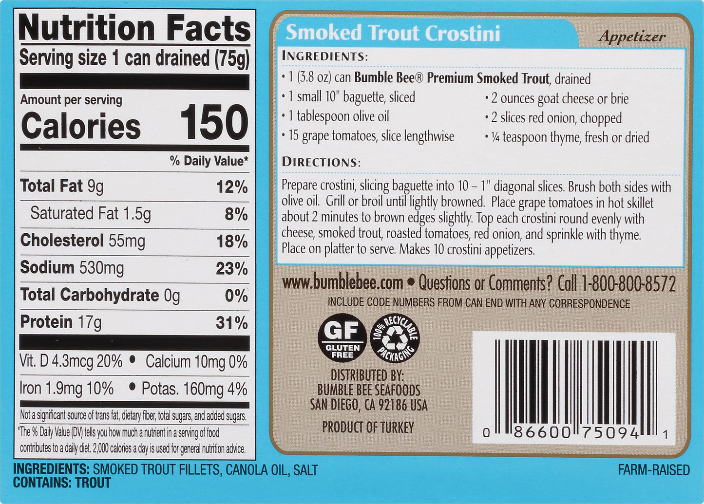 Bumble Bee Skinless & Boneless Smoked Trout Fillets, 3.8 oz Can - 17g Protein per Serving - Gluten Free - Great Snack or Use in Seafood Recipes