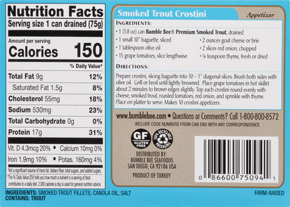 Bumble Bee Skinless & Boneless Smoked Trout Fillets, 3.8 oz Can - 17g Protein per Serving - Gluten Free - Great Snack or Use in Seafood Recipes