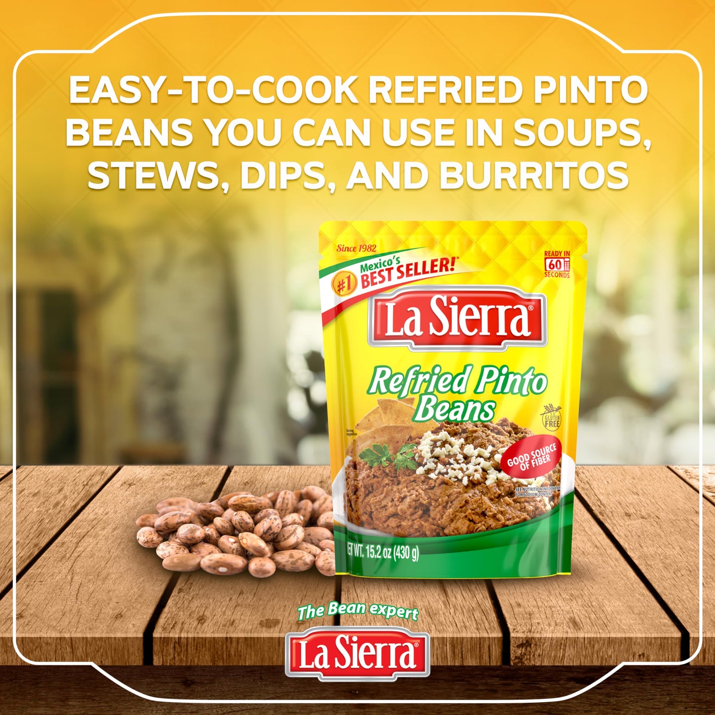 La Sierra Refried Pinto Beans, Ready-to-Eat Vegetarian Refried Beans, 15.2 oz Pouch (Pack of 8)