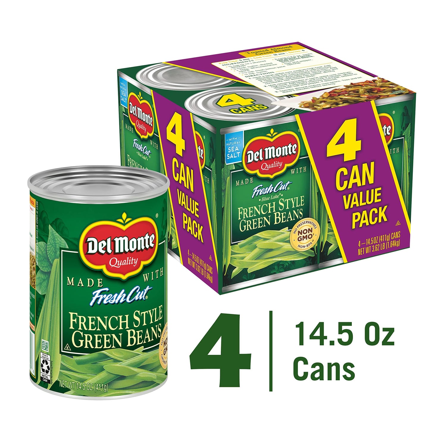 Del Monte Canned Fresh Cut Blue Lake French Style Green Beans, 14.5 Ounce (Pack of 4) French Style, 14.5oz (Pack of 4) 2002159