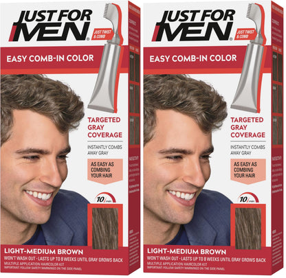 Just For Men Easy Comb-In Color Mens Hair Dye,Easy No Mix Application with Comb Applicator - Light-Medium Brown,A-30,(Pack of 2)