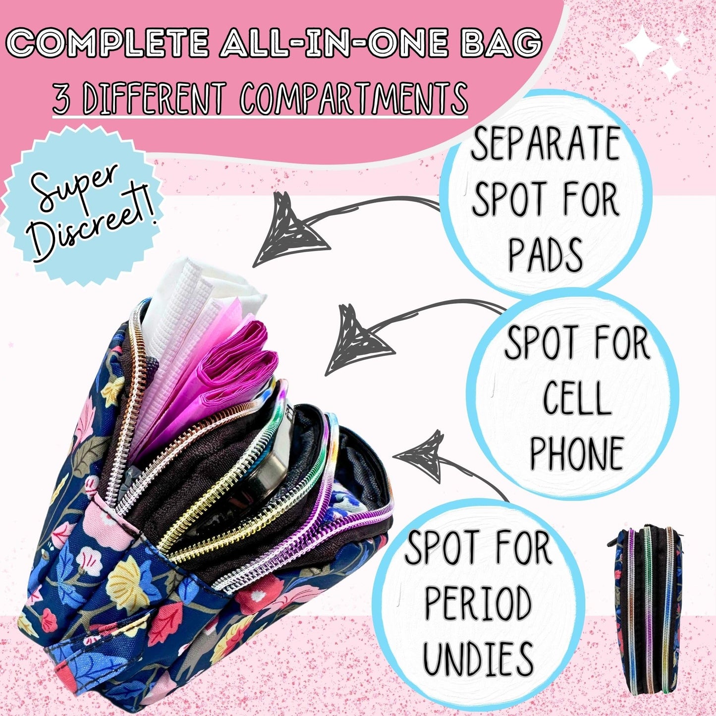 First Period Pal Pack to-Go Kit | 24 pcs | First Period Kit for Tweens | Teen Period Kit| Discrete Period Bag, Pads, Panty Liners, Period Kits for Tweens 10-12 (Florets)