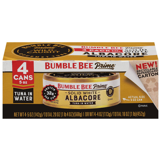 Bumble Bee Prime Solid White Albacore Tuna in Water, 5 oz Easy Open Cans (Pack of 4) - Premium Wild Caught Tuna - 32g Protein per Serving - Non-GMO Project Verified, Gluten Free, Kosher