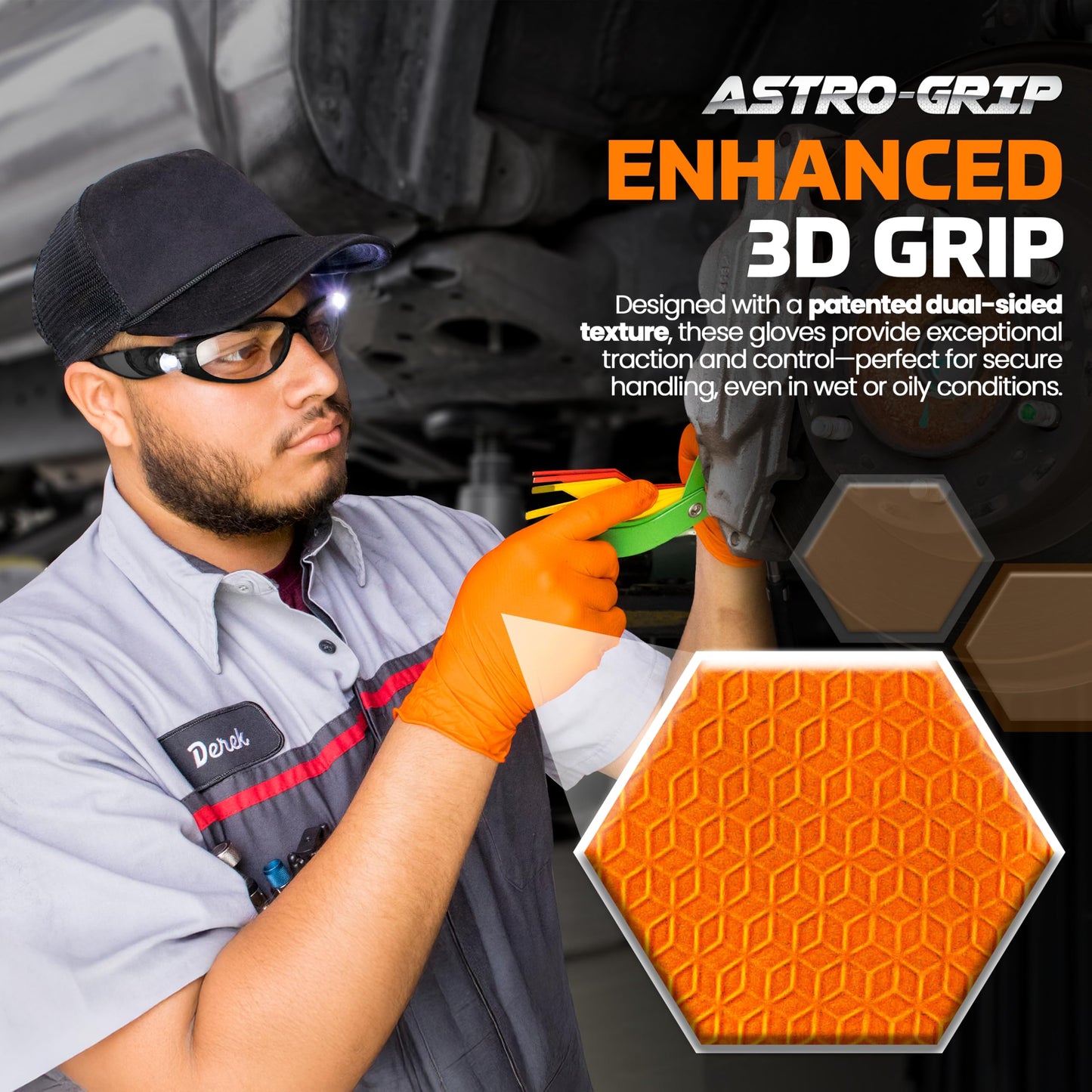 Astro-Grip Powder-Free Exam Grade Nitrile Disposable Gloves. Size X-Large, Orange, 7 mil Thickness. Chemical and Puncture Resistant. Single-Use. Pack of 100. (66474)