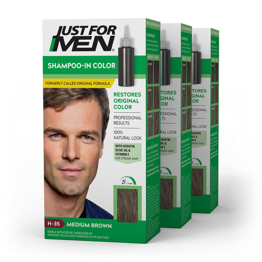 Just For Men Shampoo In Color, Hair Color for Men with Keratin and Vitamin E for Stronger Hair, Restores Natural Hair Color, Medium Brown, H-35, Pack of 3