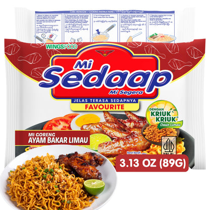 Mi Sedaap - Ayam Bakar Limau - Instant Fried Noodle Grilled Chicken Lime Flavor 3.1 Oz (Pack of 5)