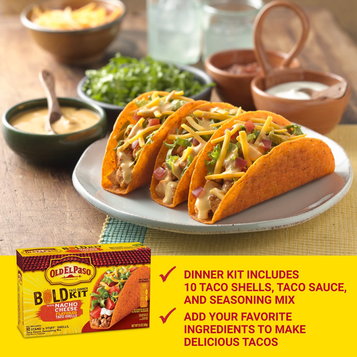Old El Paso Bold Taco Dinner Kit with Nacho Cheese Flavored Stand 'N Stuff Taco Shells, Taco Sauce, and Seasoning Mix, 10 Ct, 9.5 oz