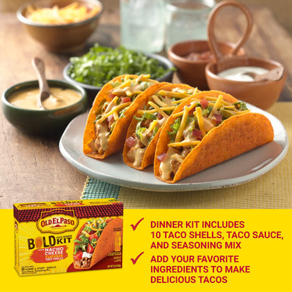 Old El Paso Bold Taco Dinner Kit with Nacho Cheese Flavored Stand 'N Stuff Taco Shells, Taco Sauce, and Seasoning Mix, 10 Ct, 9.5 oz