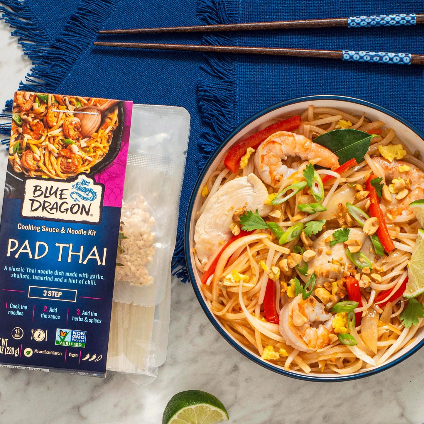 Blue Dragon Pad Thai 3 Step Cooking Sauce & Rice Noodle Kit - 7.7oz (Pack of 6) - Pre-Portioned Sachets of Dried Rice Noodles, Pad Thai Sauce, & Aromatic Herbs & Spices - Vegan, Non-GMO & Gluten-free