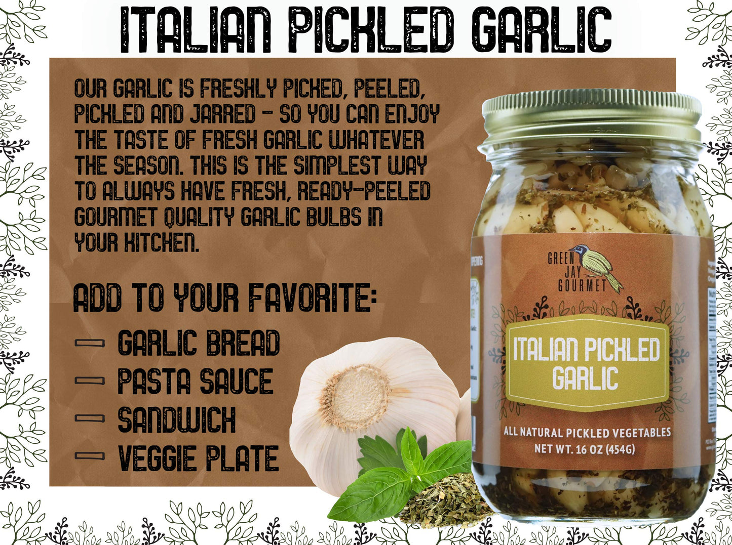 Green Jay Gourmet Pickled Garlic Cloves in a Jar - Italian Pickled Garlic - Fresh Garlic Bulbs for Cooking - Simple, Natural Ingredients - Freshly Made - Subtly Infused Pre-Prepared Garlic - 16 Ounce