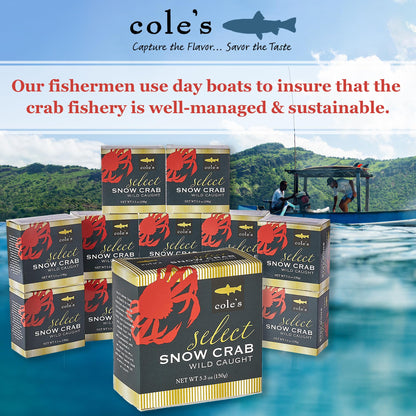 COLE'S Select Snow Crab Meat - Wild Caught from Patagonian Waters of Chile- High in Protein & Omega 3 Nutrients- No Preservatives - 5.3 oz Can- 1 Can