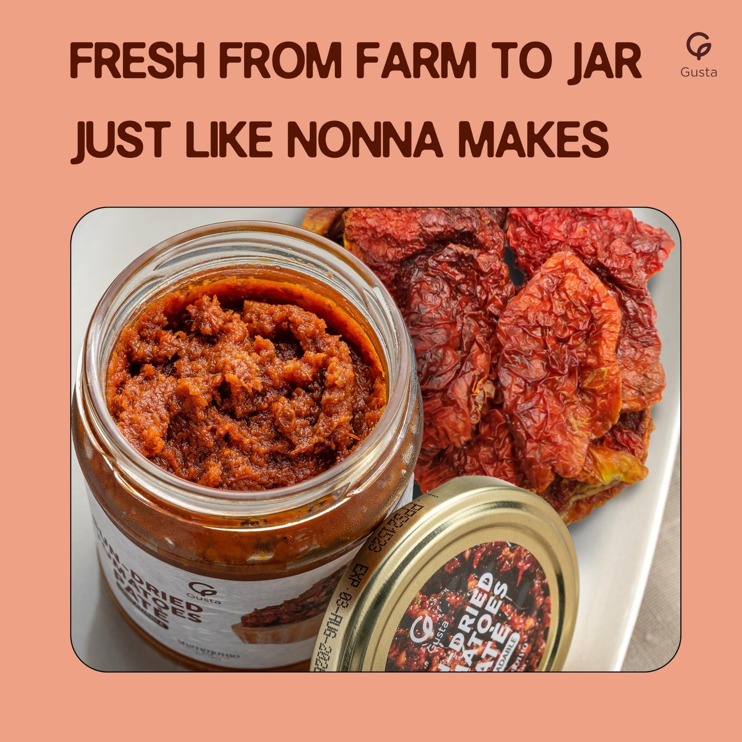 Gusta Sun-Dried Tomato Pate - Made in Italy Dip or Spread - Paste of Sundried Tomatoes in Jar with Extra Virgin Olive Oil - Non-GMO, All Natural - Perfect for Tomato Pesto - 6.35oz Glass Jar