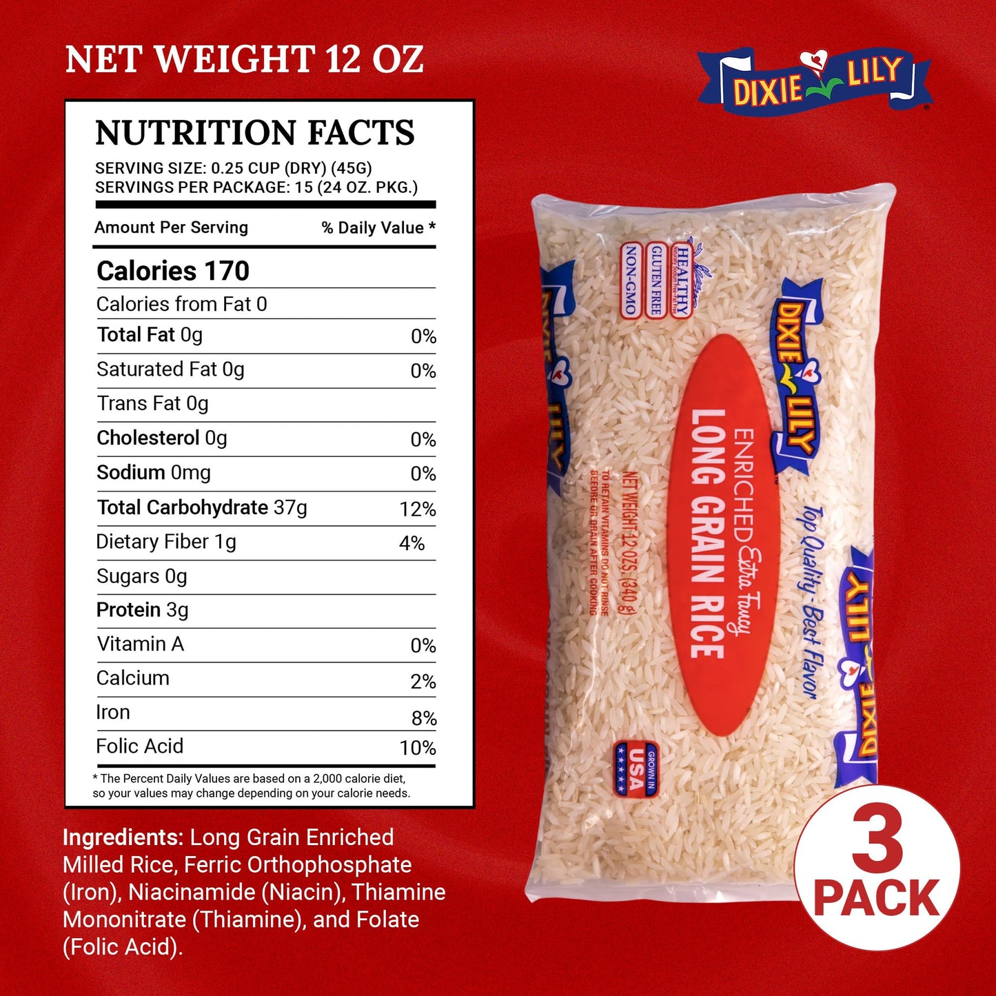 Dixie Lily Long Grain Extra Fancy White Rice - Enriched with Iron, Niacin, Thiamine, Folate, Fluffy & Tender - Stovetop & Microwave Cooking - 3 Pack