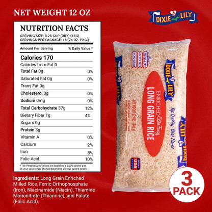 Dixie Lily Long Grain Extra Fancy White Rice - Enriched with Iron, Niacin, Thiamine, Folate, Fluffy & Tender - Stovetop & Microwave Cooking - 3 Pack