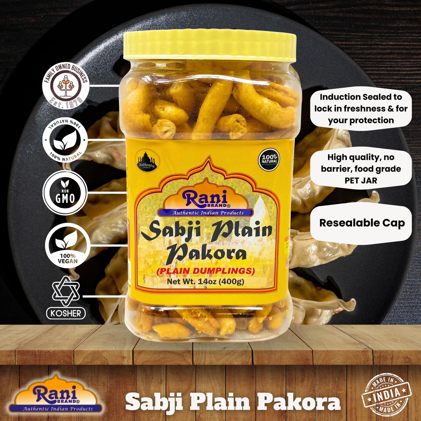 Rani Sabji Pakoda (Plain Dumplings) 14oz (400g) PET Jar ~ All Natural | Vegan | No Preservatives | No Colors | Gluten Friendly | Indian Origin