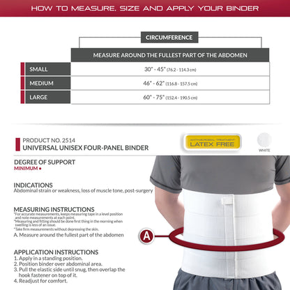 OTC Abdominal Binder, Chest Support Brace, Rib Fracture, Unisex, Four-Panel, White, Large