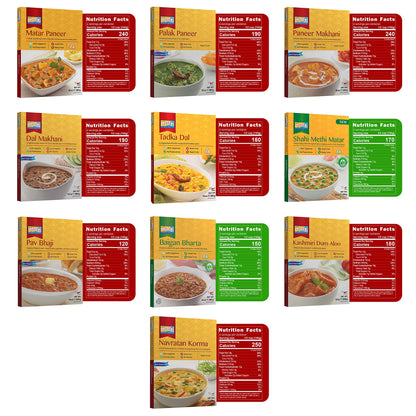 Ashoka Microwaveable Entrees 1932, Vegetarian Sampler Kit, Heat & Serve Meal Pack, Kosher Certified Variety Pack, Authentic Indian Cuisine, Instant Meals, Gluten-Free with No Preservatives, Pack of 10