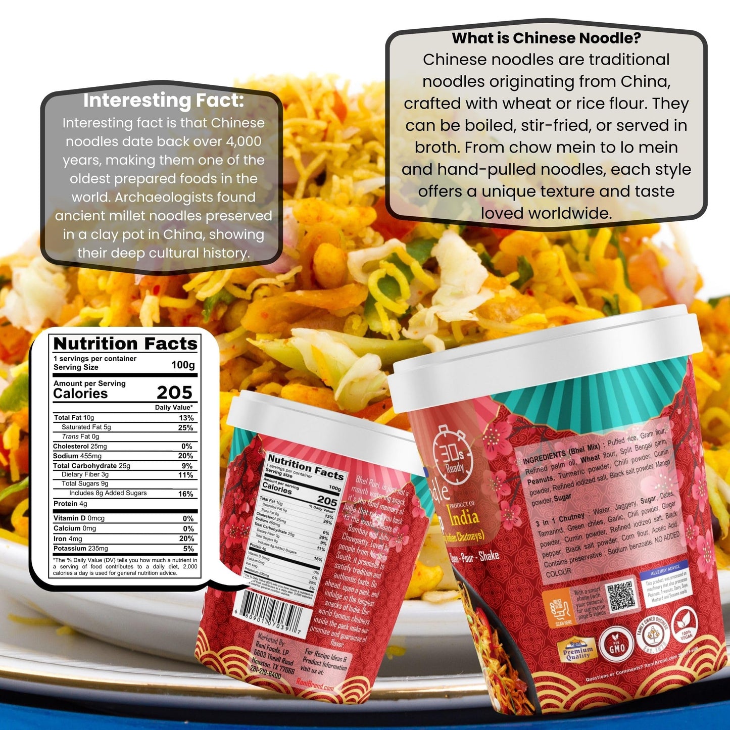 Rani Chinese Noodle Bhel Puri Cup (Spicy & Crunchy Indian Snack w/mouth watering Indian Chutneys) 3.5oz (100g), Pack of 4 ~ Ready to Eat | Vegan | NON-GMO | Indian Origin