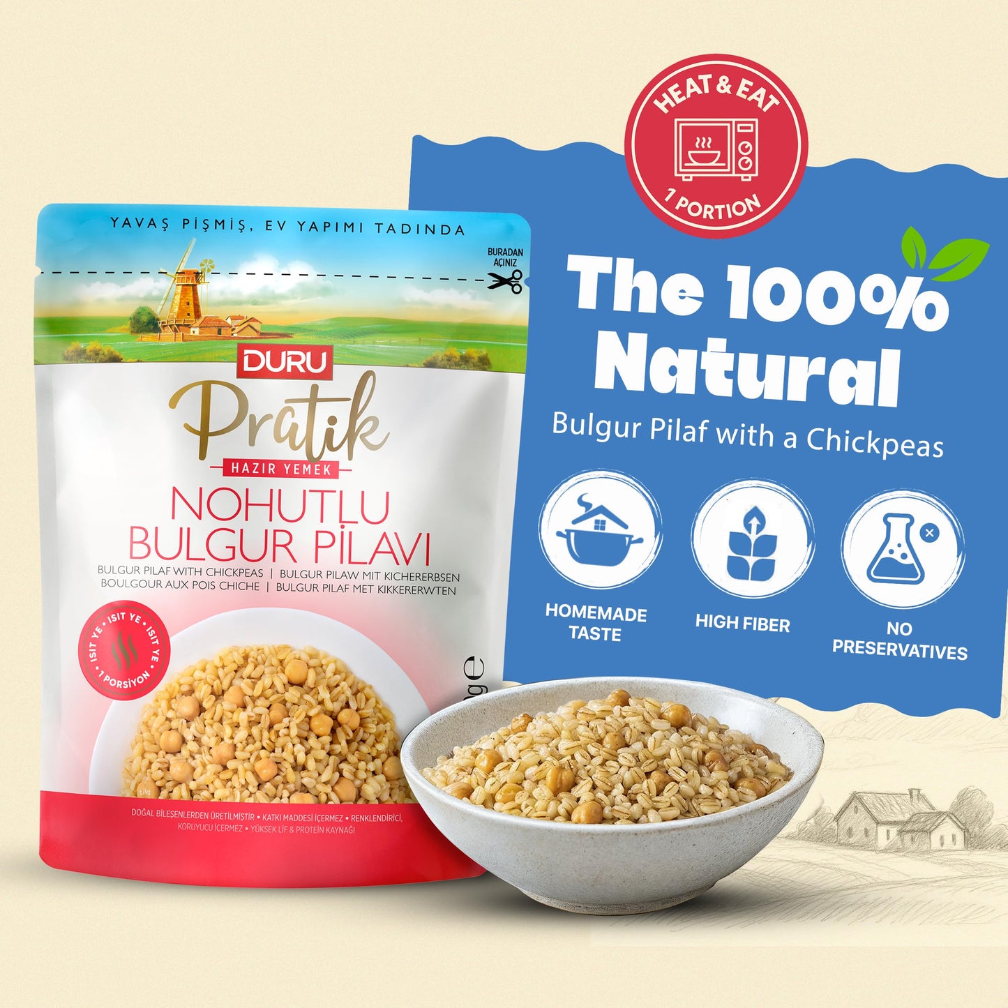 Duru Ready Bulgur Pilaf with Chickpeas, 250g x 4 Pack – Heat & Eat, 100% Natural, Non-GMO, BPA Free, No Trans Fat, No Preservatives