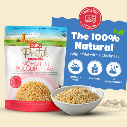 Duru Ready Bulgur Pilaf with Chickpeas, 250g x 4 Pack – Heat & Eat, 100% Natural, Non-GMO, BPA Free, No Trans Fat, No Preservatives