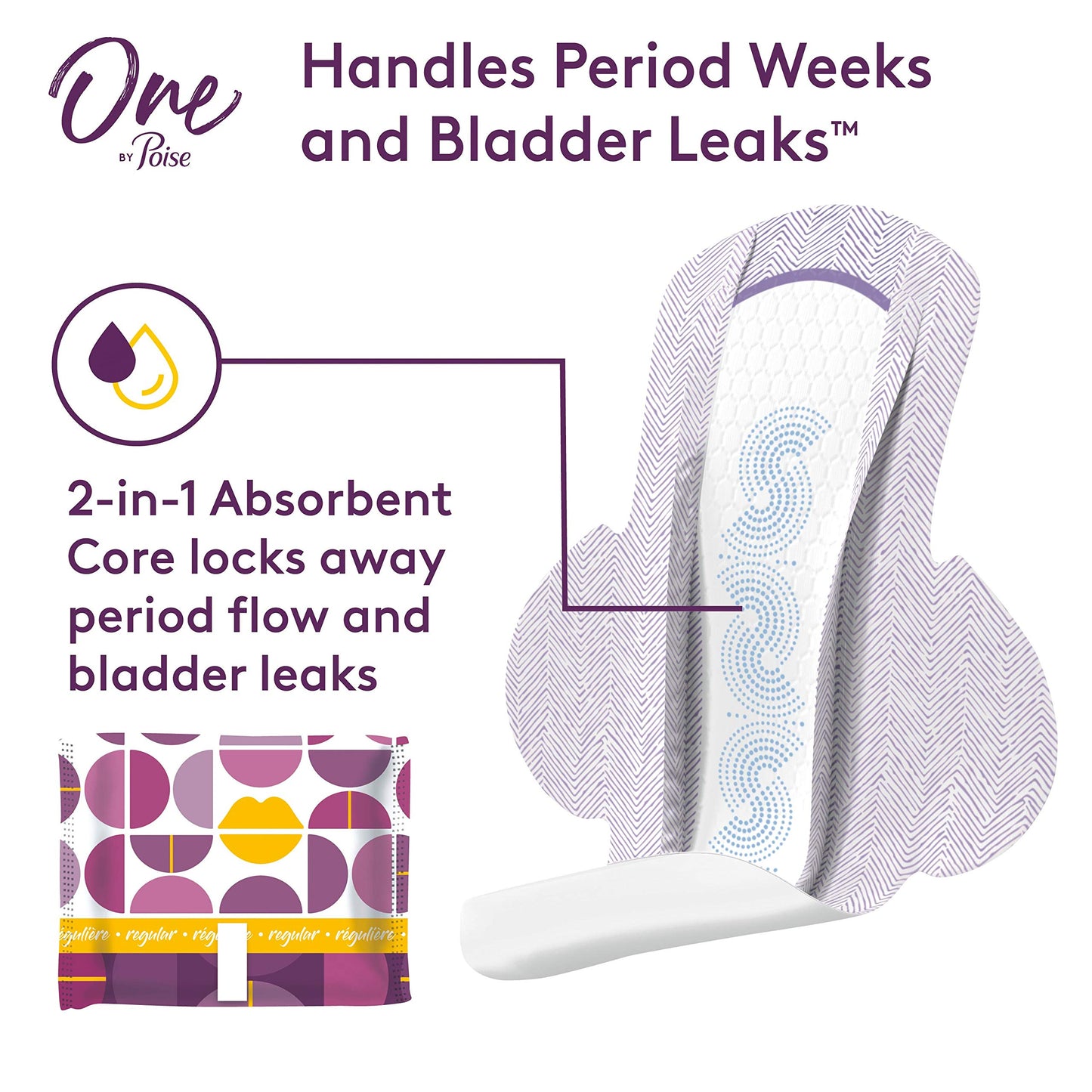 One by Poise Feminine Pads with Wings (2-in-1 Period & Bladder Leakage Pads for Women), Regular, Regular Absorbency for Period Flow, Very Light Absorbency for Bladder Leaks, 22 Count