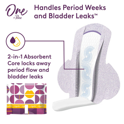 One by Poise Feminine Pads with Wings (2-in-1 Period & Bladder Leakage Pads for Women), Regular, Regular Absorbency for Period Flow, Very Light Absorbency for Bladder Leaks, 22 Count
