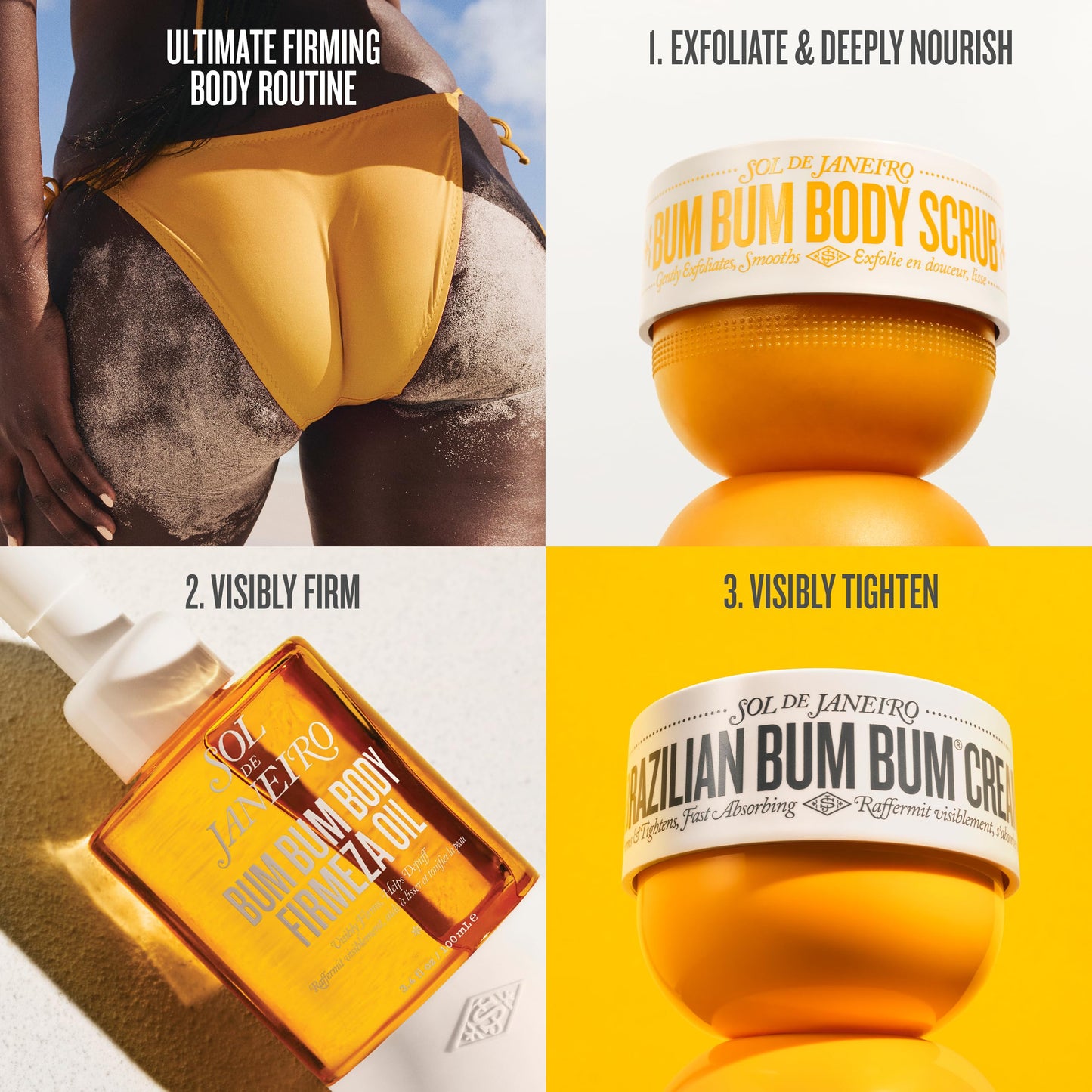 SOL DE JANEIRO Brazilian Bum Bum Cream, Bum Bum Firmeza Body Oil, and Bum Bum Body Scrub Bundle - Ultimate Firming Ritual, Amazon Exclusive