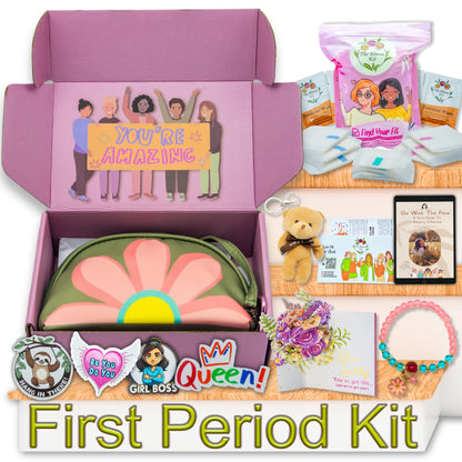The Bloom First Period Kit for Girls 9-12 - 90 PC Period Starter Kit for Tweens - School Emergency Kit for Teen Girls with Cute Little Bags - First Period Gift Box (Green & Pink) Pack of 3