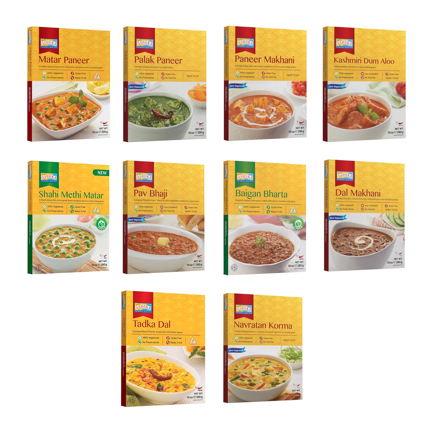 Ashoka Microwaveable Entrees 1932, Vegetarian Sampler Kit, Heat & Serve Meal Pack, Kosher Certified Variety Pack, Authentic Indian Cuisine, Instant Meals, Gluten-Free with No Preservatives, Pack of 10