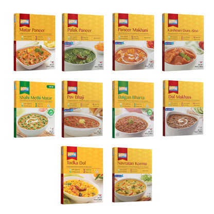 Ashoka Microwaveable Entrees 1932, Vegetarian Sampler Kit, Heat & Serve Meal Pack, Kosher Certified Variety Pack, Authentic Indian Cuisine, Instant Meals, Gluten-Free with No Preservatives, Pack of 10