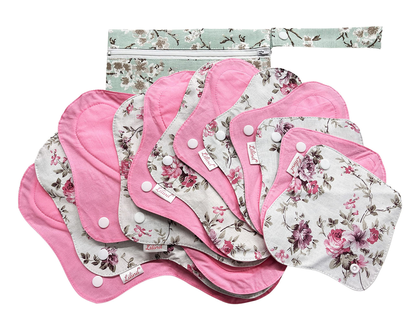 Lilind® 12 Pack Organic Cloth Pads on Vintage Flowers with Wet Bag, Jumbo Starter Set, Reusable Washable Menstrual Sanitary Napkins, Waterproof Family Cloth, Zero Waste 100% Cotton