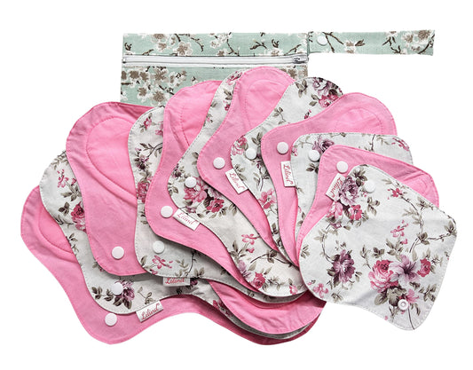 Lilind® 12 Pack Organic Cloth Pads on Vintage Flowers with Wet Bag, Jumbo Starter Set, Reusable Washable Menstrual Sanitary Napkins, Waterproof Family Cloth, Zero Waste 100% Cotton