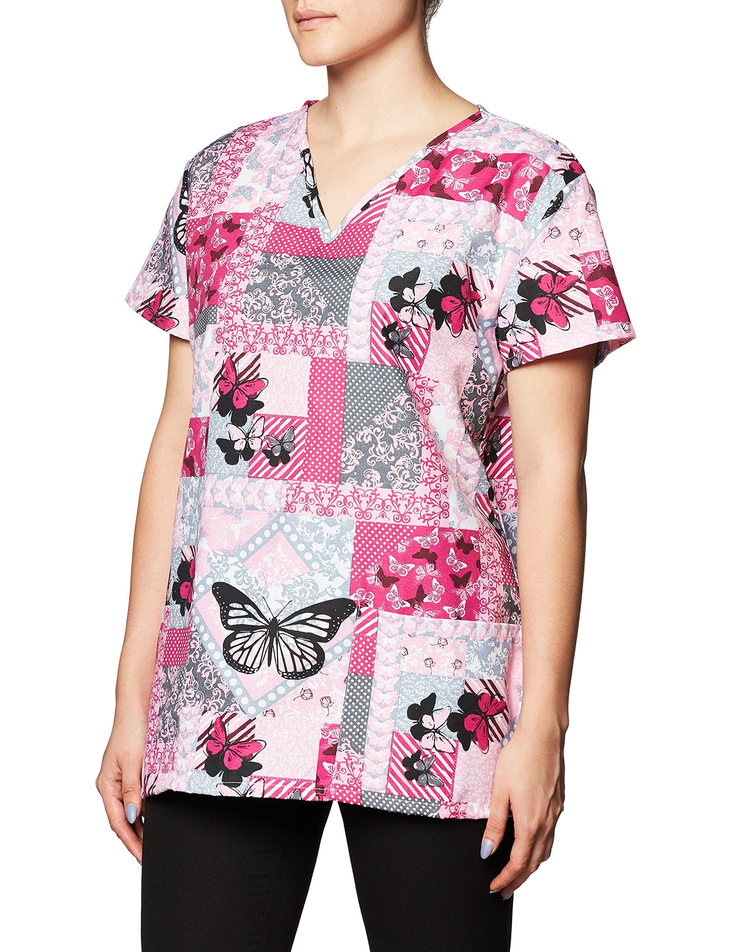 24|7 Comfort Scrubs Butterfly Patches V Neck Scrub Top Shirt