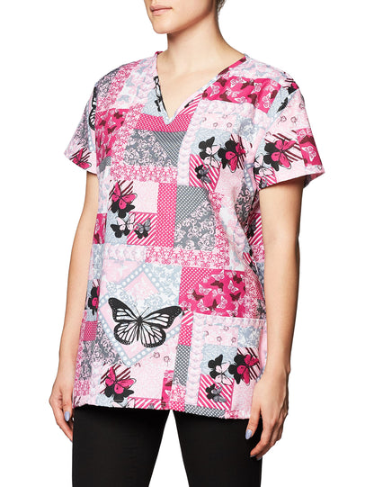 24|7 Comfort Scrubs Butterfly Patches V Neck Scrub Top Shirt