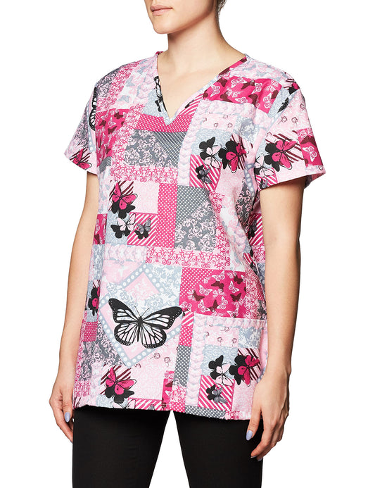 24|7 Comfort Scrubs Butterfly Patches V Neck Scrub Top Shirt