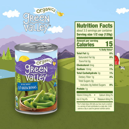 Green Valley Organics Cut Green Beans | Certified Organic | Non-GMO Project Verified | Deliciously Tender-Crisp | 14.5 ounce can (Pack of 12)