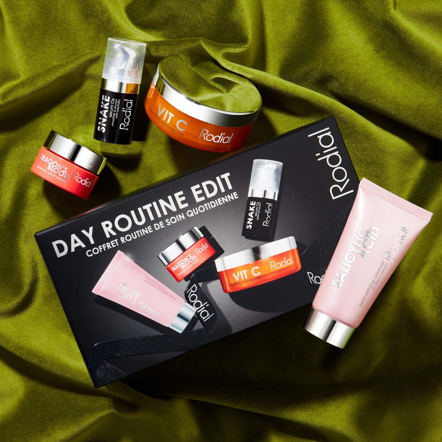 Rodial Day Routine Edit - Four-step Deluxe-Size Skincare Routine: Salicylic Acid Cleanser 20ml, Vit C Pads – 20 pads, Snake Serum- 5ml, Dragon’s Blood Velvet Cream – 15ml