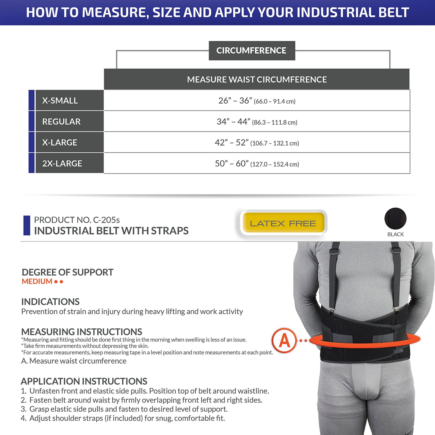 CHAMPION Industrial Belt Back Brace Abdominal Support Shoulder Straps, Black, X-Small