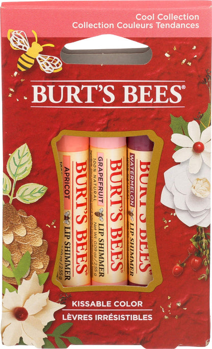 Burt's Bees Kissable Color Holiday Gift Set, 3 Lip Shimmers in Gift Box - Cool Collection in Watermelon, Apricot and Grapefruit (Packaging May Vary)