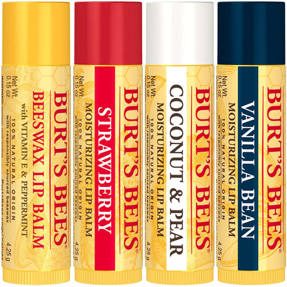 Burt's Bees Lip Balm, Beeswax, Strawberry, Coconut and Pear, and Vanilla Bean Pack, With Responsibly Sourced Beeswax, Tint-Free, Natural Lip Treatment, 4 Tubes, 0.15 oz.