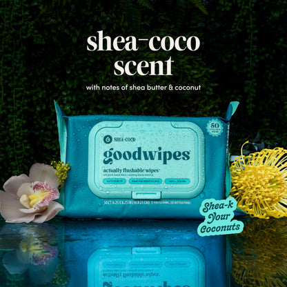 goodwipes Flushable Butt Wipes - Vitamin E & Aloe - Sewer & Septic Safe - Extra Large Adult Wet Wipes For Women & Men - Bathroom Essentials - Shea-Coco, 318 Count (6 Packs + 1 Travel)