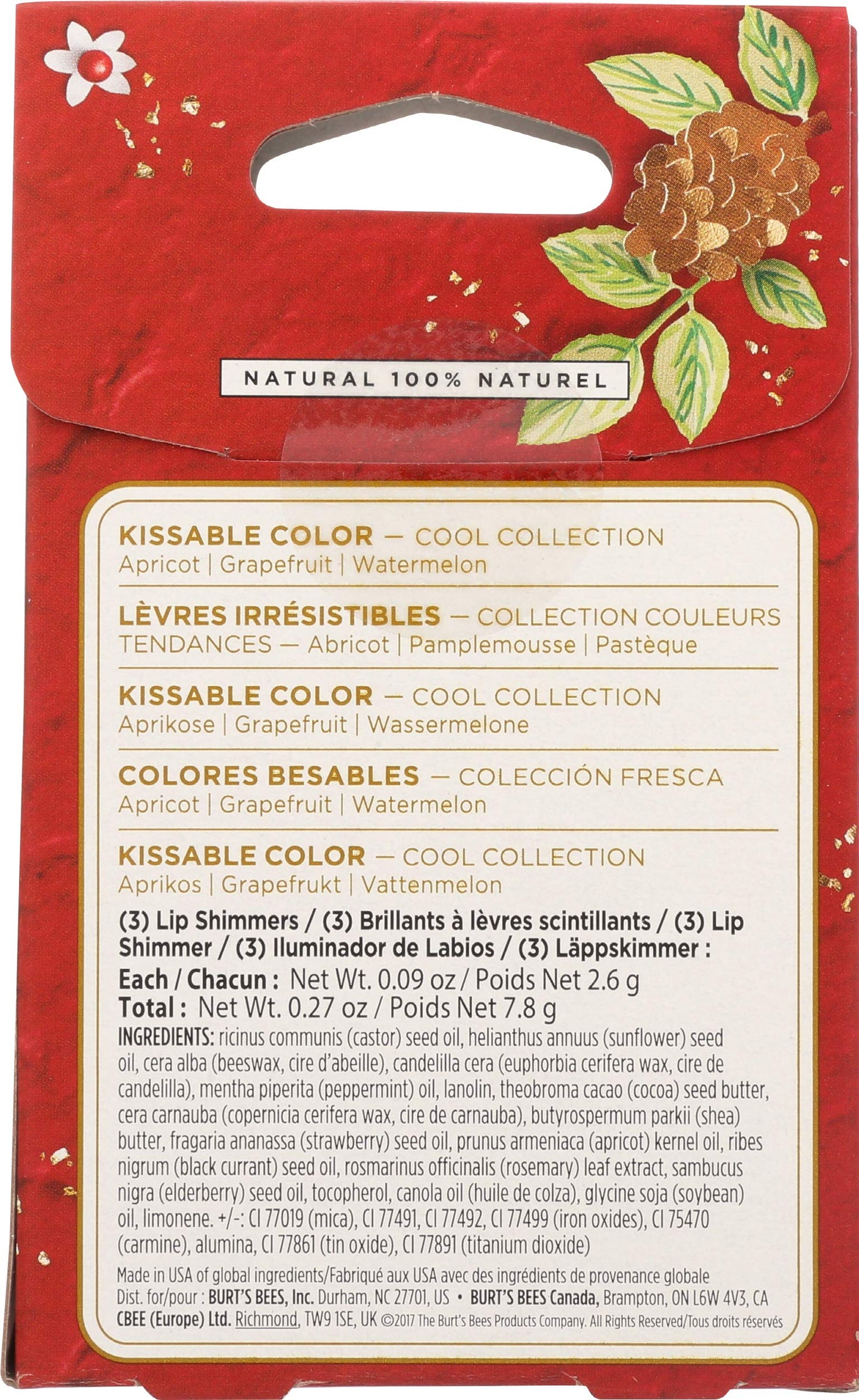 Burt's Bees Kissable Color Holiday Gift Set, 3 Lip Shimmers in Gift Box - Cool Collection in Watermelon, Apricot and Grapefruit (Packaging May Vary)