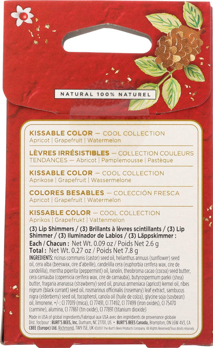 Burt's Bees Kissable Color Holiday Gift Set, 3 Lip Shimmers in Gift Box - Cool Collection in Watermelon, Apricot and Grapefruit (Packaging May Vary)