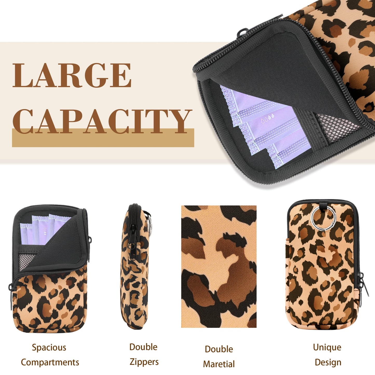 2 Pack Portable Tampon Holder Zippered Pouch with Snap Hook, Waterproof Travel-Friendly Discreet Period Bag, Feminine Products Organizer for Women Purse (Leopard)