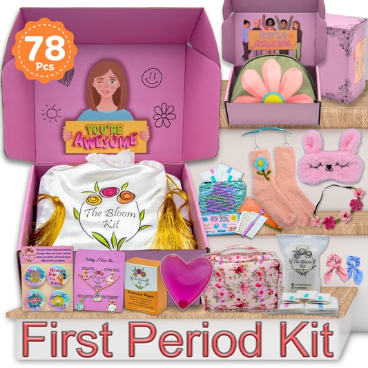 The Bloom First Period Kit for Girls 9-12 - 78 PC Period Starter Kit for Tweens- School Emergency Kit for Teen Girls with Cute Little Bag - First Period Gifts for Girls - First Period Gift Box