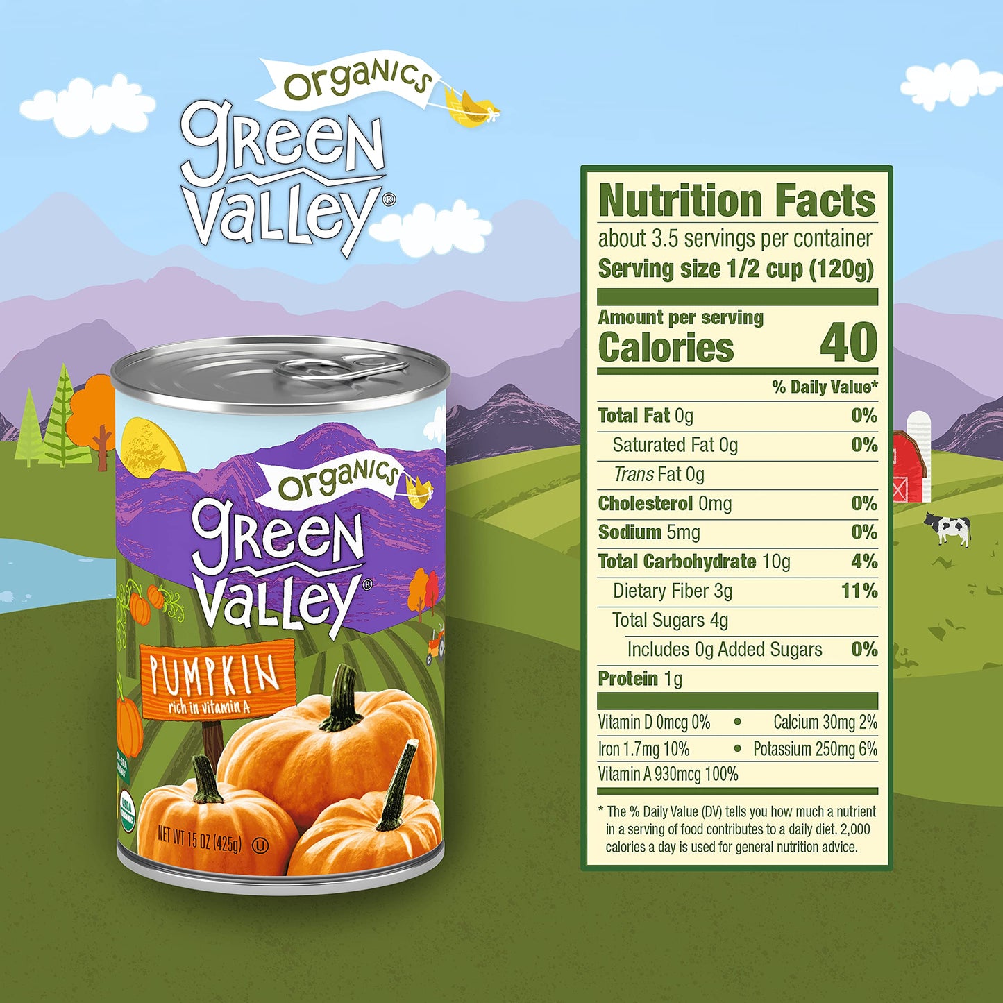 Green Valley Organics Pumpkin | Certified Organic | 100% Dickinson Variety | Sweet Earthy Delicious | Firm & Smooth | Vibrant Autumn Orange | American Grown & Made | 15 oz (Pack of 4)
