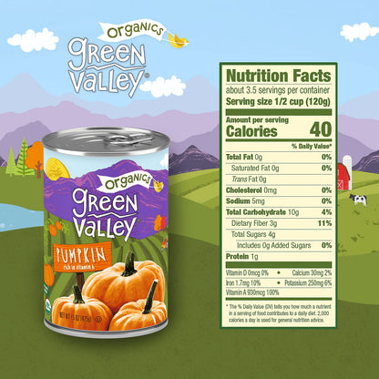 Green Valley Organics Pumpkin | Certified Organic | 100% Dickinson Variety | Sweet Earthy Delicious | Firm & Smooth | Vibrant Autumn Orange | American Grown & Made | 15 oz (Pack of 4)