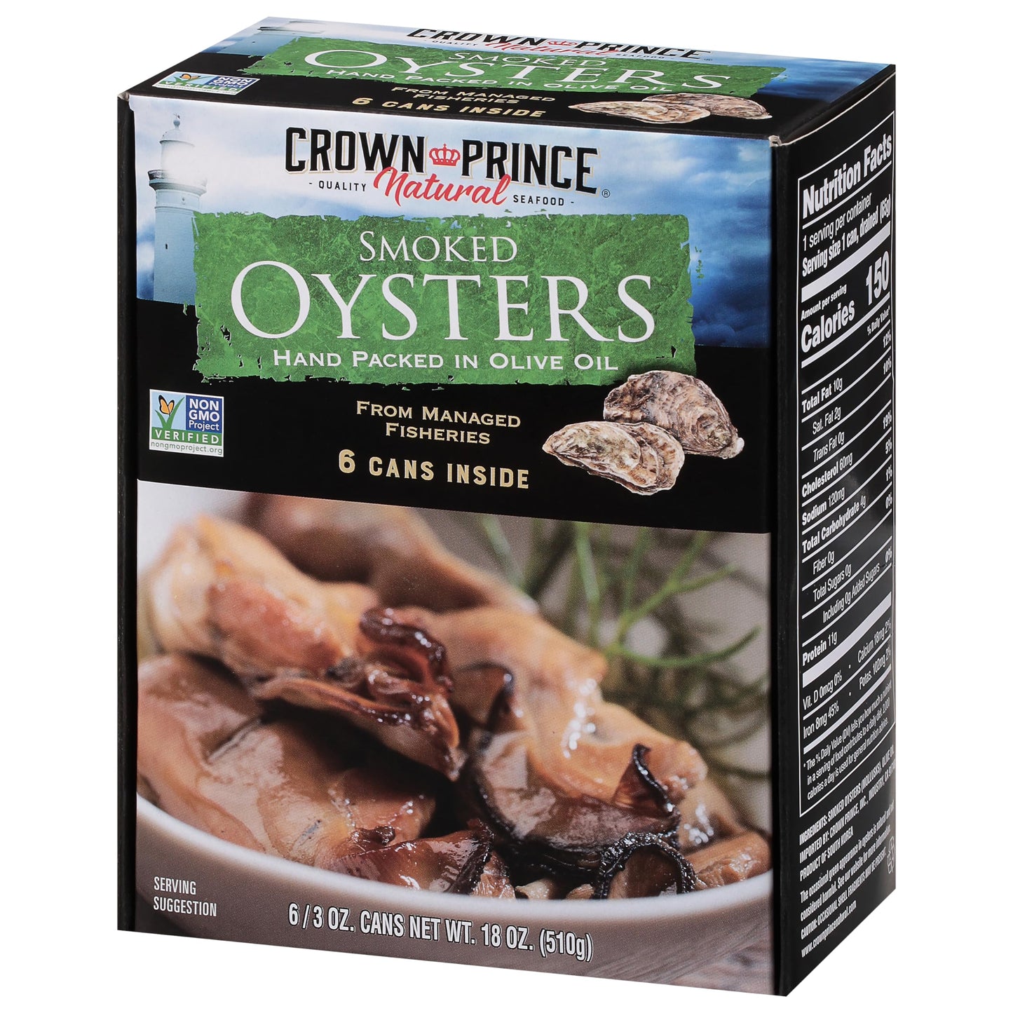 Crown Prince Natural Smoked Oysters Hand Packed in Olive Oil, 3 Ounce Cans (Pack of 6)
