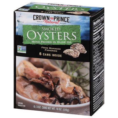 Crown Prince Natural Smoked Oysters Hand Packed in Olive Oil, 3 Ounce Cans (Pack of 6)